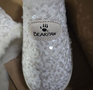 Bearpaw White Sequin mule shoe w/ wool blend interior and suede leather e…